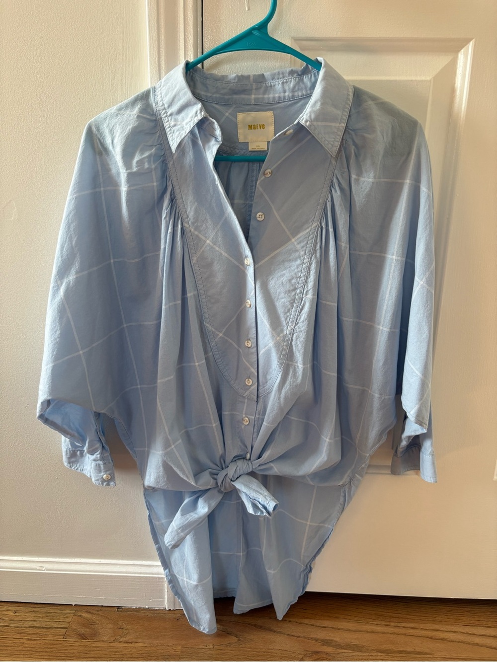 Maeve Pale Blue Windowpane Button-Front Blouse